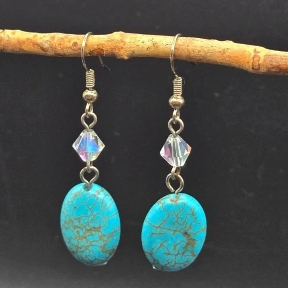 Turquoise Blue Oval‎ Gemstone Dangle Earrings Crystal Accents Silver Tone Hooks